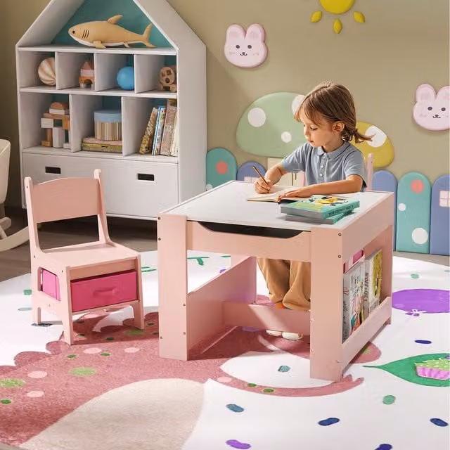 Costway 4 in 1 Toddler Activity Table and Chair with Reversible Board in Pink
