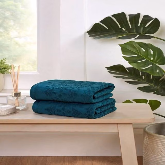 Rapport Home Versailles Jacquard Cotton Towel and Sheet Set in Teal and Petrol Blue