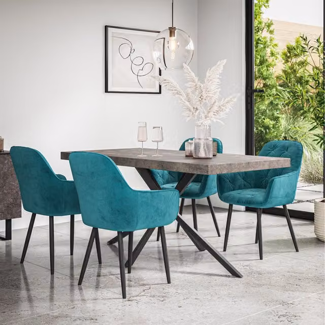 More4Homes Donni Dining Set with Concrete Effect Rectangular Table and 6 Blue Anika Velvet Chairs