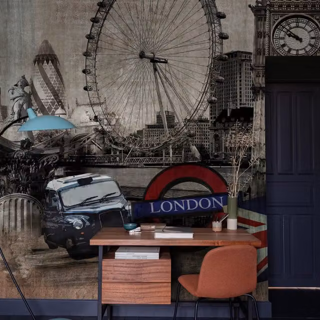 Grandeco London City Montage Vintage Washable Textured Wallpaper Mural, Multicolour