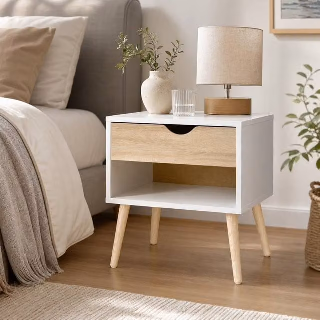 STILVORA Bedside Table with Drawer and Shelf in White – 1