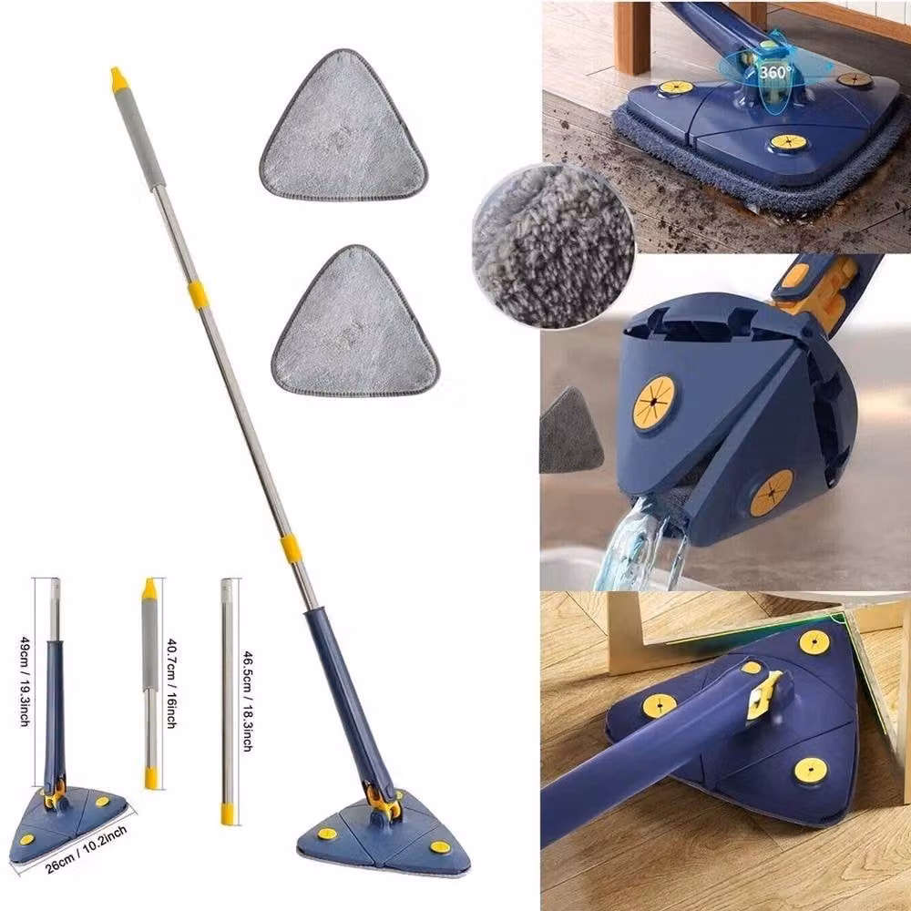 FLAVORA 360 Degree Rotatable Triangle Squeeze Floor Mop in Blue with Microfibre Head and Telescopic Handle – 3
