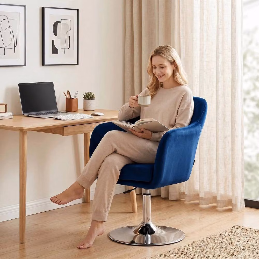 PAWNORA Retro Blue Velvet Swivel Tub Task Chair with Metal Frame – 6