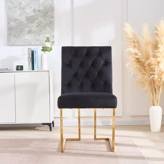 Life Interiors Siena Luxury Tufted Velvet Dining Chairs with Gold Metal Legs, Set of 4, Black