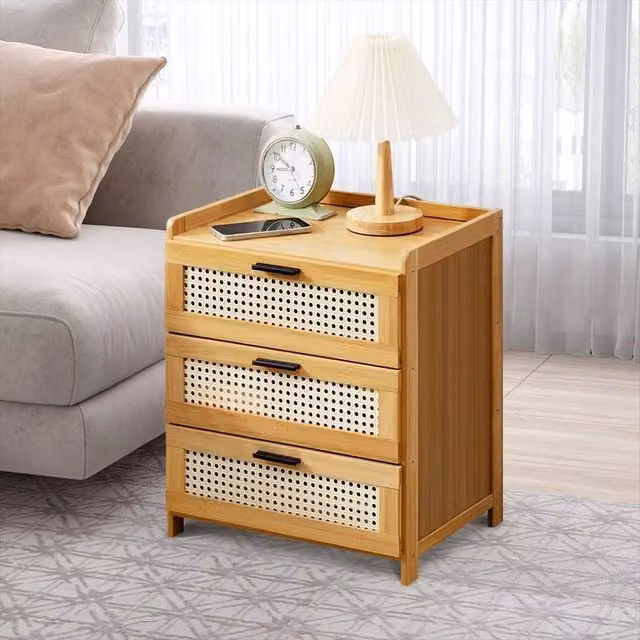 EONLION Natural Rattan and Wood Bedroom Bedside Cabinet with 3 Drawers in Brown and Beige, Height: 100 cm – 1