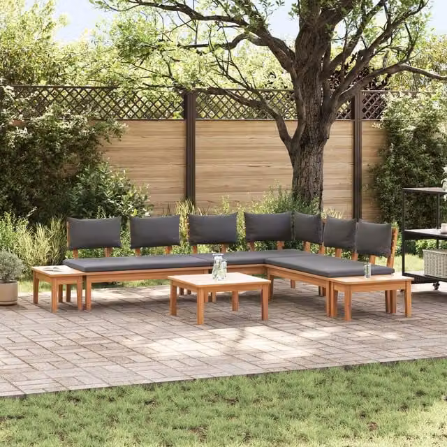 Berkfield Home 3 Piece Rustic Teak Wood Garden Bench Set with Cushions in Brown and Dark Grey