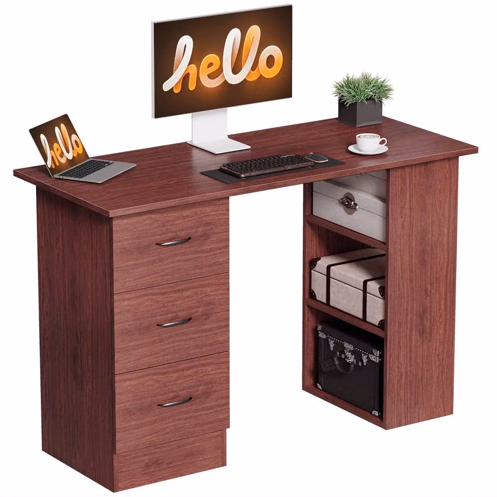 STILVORA Modern Brown Writing Desk with 3 Drawers and 3 Shelves – 4