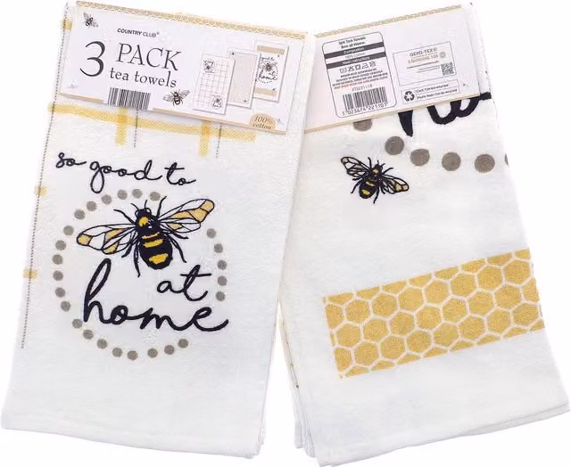 Country Club Pack of 3 Highly Absorbent Cotton Velour Kitchen Tea Towels in White, Yellow and Black