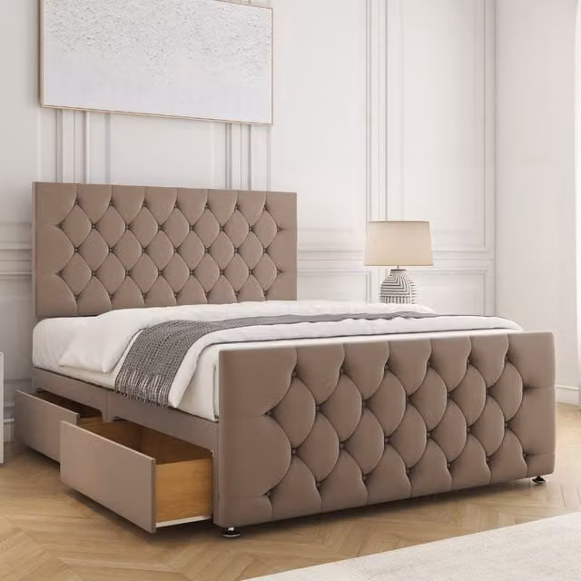 BSSPOKE Maya Small Double Plush Velvet Divan Bed with 24 inch Headboard, 2 Drawers and Mattress in Bronze, W/D/H: 120 x 200 x 30.48 cm