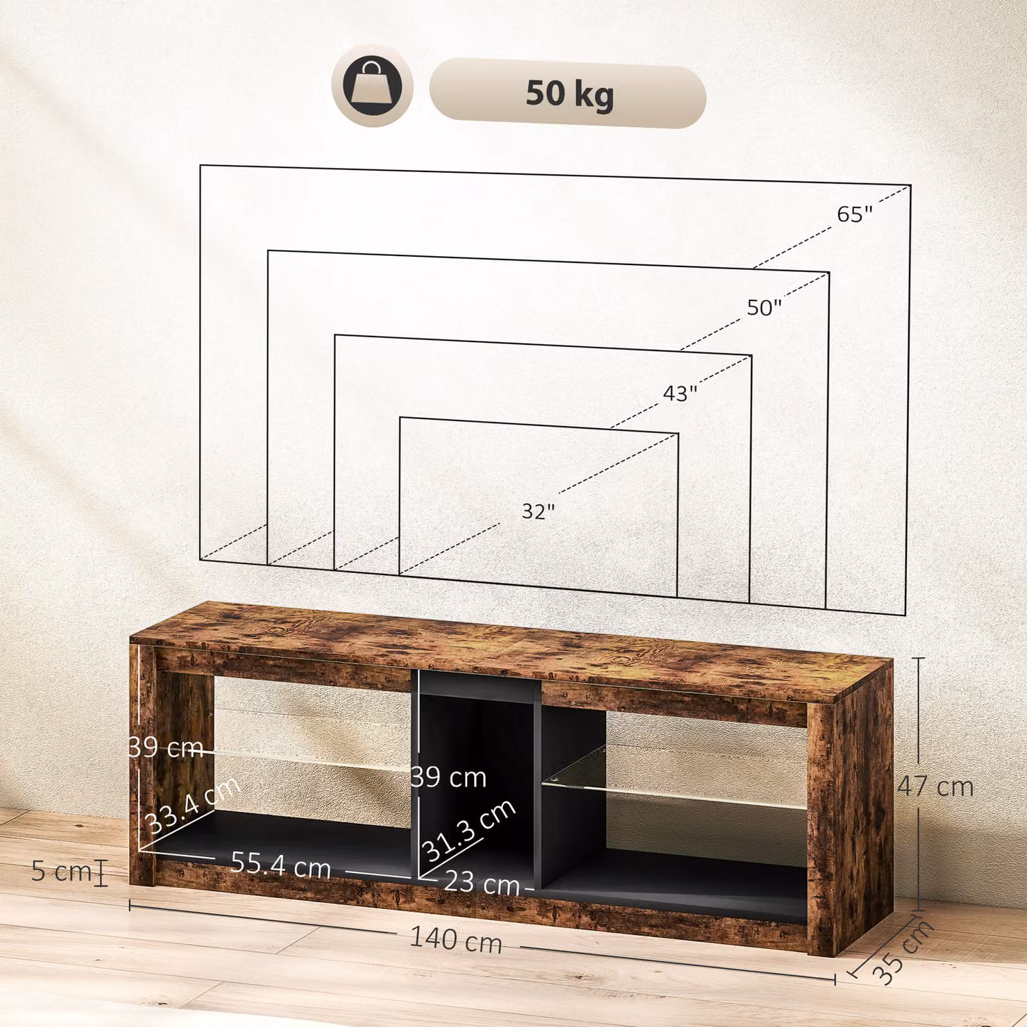 HOMCOM TV Stand Cabinet with LED Lights and Remote Control for TVs up to 65 inch, Entertainment Centre with Storage Shelves and Compartment, Rustic Brown, W: 140 cm, D: 47 cm, H: 24 cm – 3