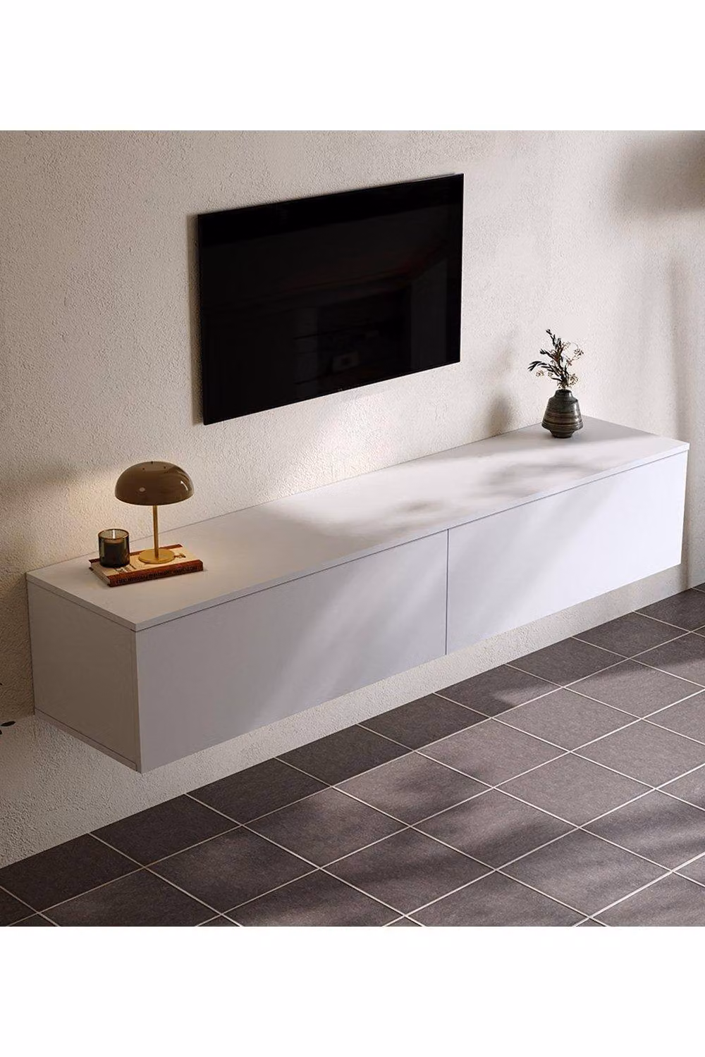 H&O Direct Matte Wall Mounted Floating TV Stand with 2 Flip Drawers in White – 2