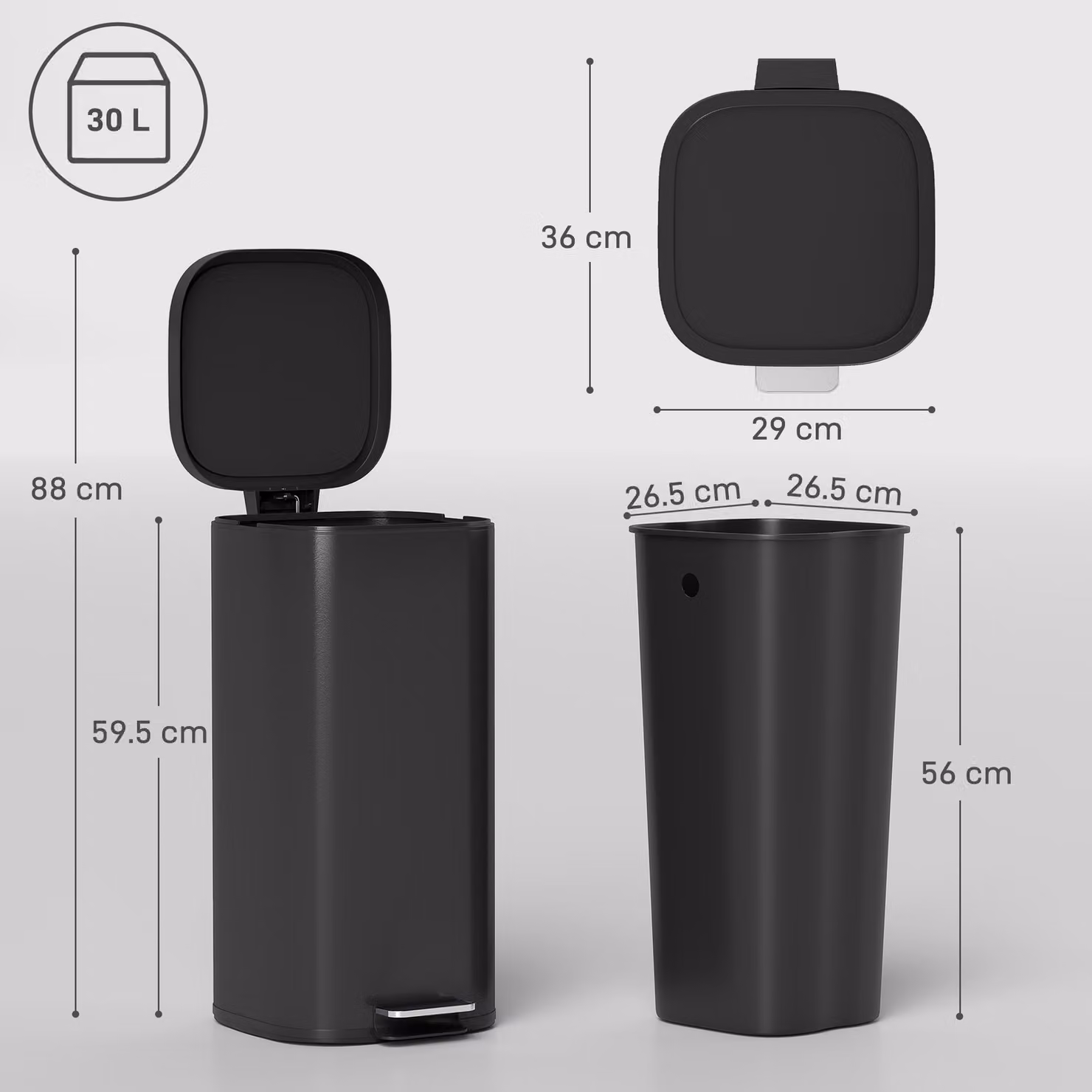 HOMCOM 30L Black Pedal Kitchen Bin with Soft-Close Lid and Removable Inner Bucket – 3