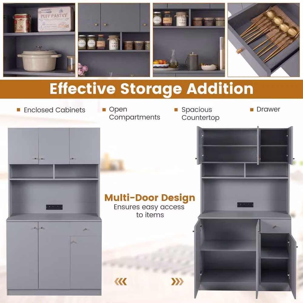 Costway Grey Modern Tall Kitchen Cupboard Buffet Pantry Storage Cabinet with USB Ports – 3