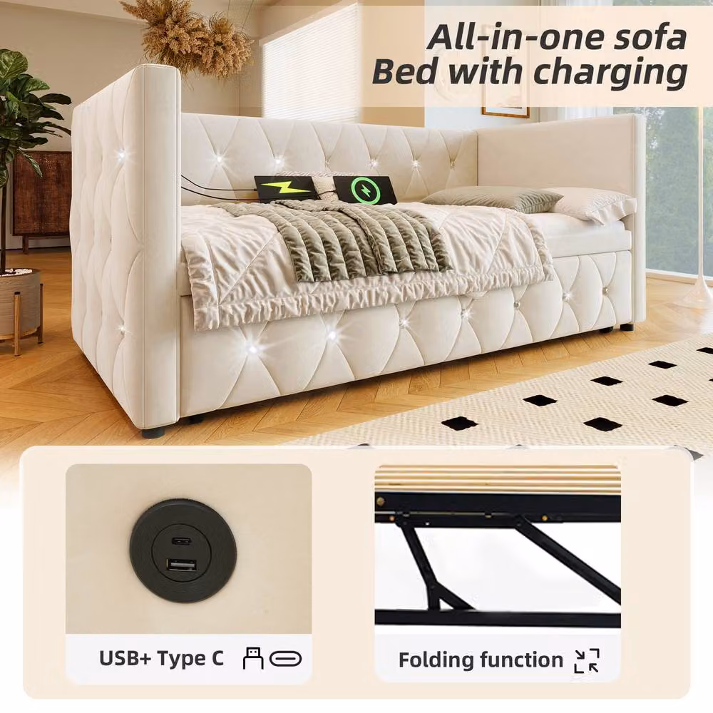 Merax 3ft Single Velvet Upholstered Daybed with Trundle and USB Charging Port, Beige, W/D/H: 90 x 190 x 76 cm – 3