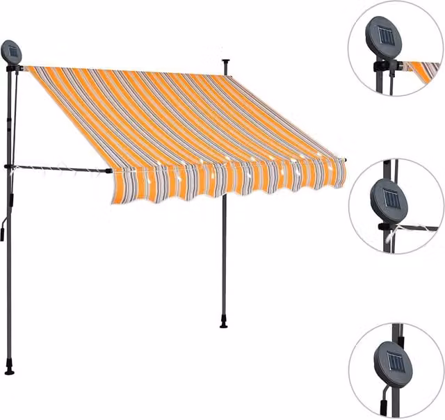 Berkfield Home Manual Retractable Striped Awning with LED, Yellow and Blue, W/D/H: 150 x 120 x 150 cm