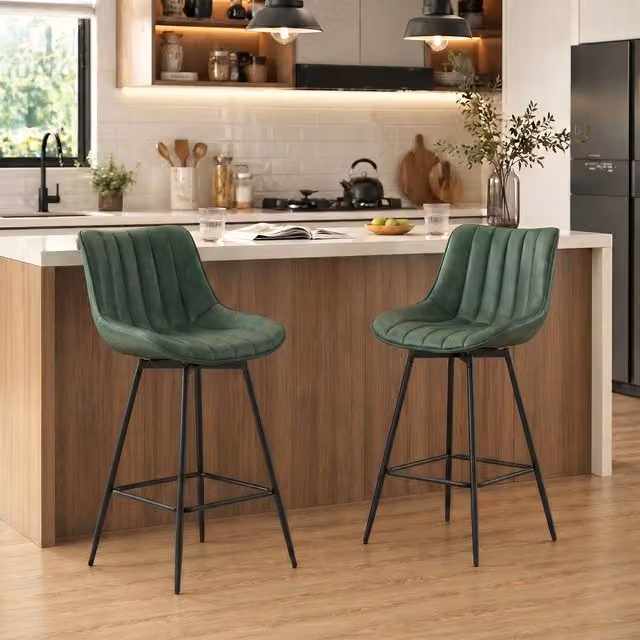 HOMCOM Set of 2 Modern PU Leather Swivel Bar Stools in Green