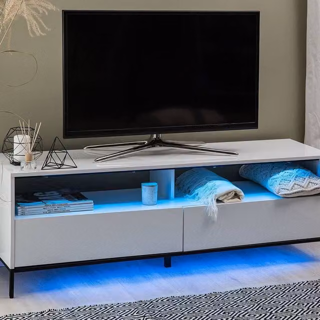 Wyld and Coco White Glossy Scandinavian TV Stand with LED, Two Drawers and Cabinets for up to 70-inch TVs – 1