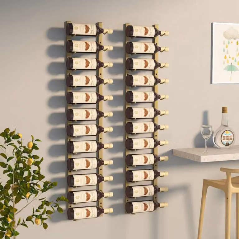 Berkfield Home Wall Mounted Gold Metal Wine Rack for 12 Bottles, Set of 2