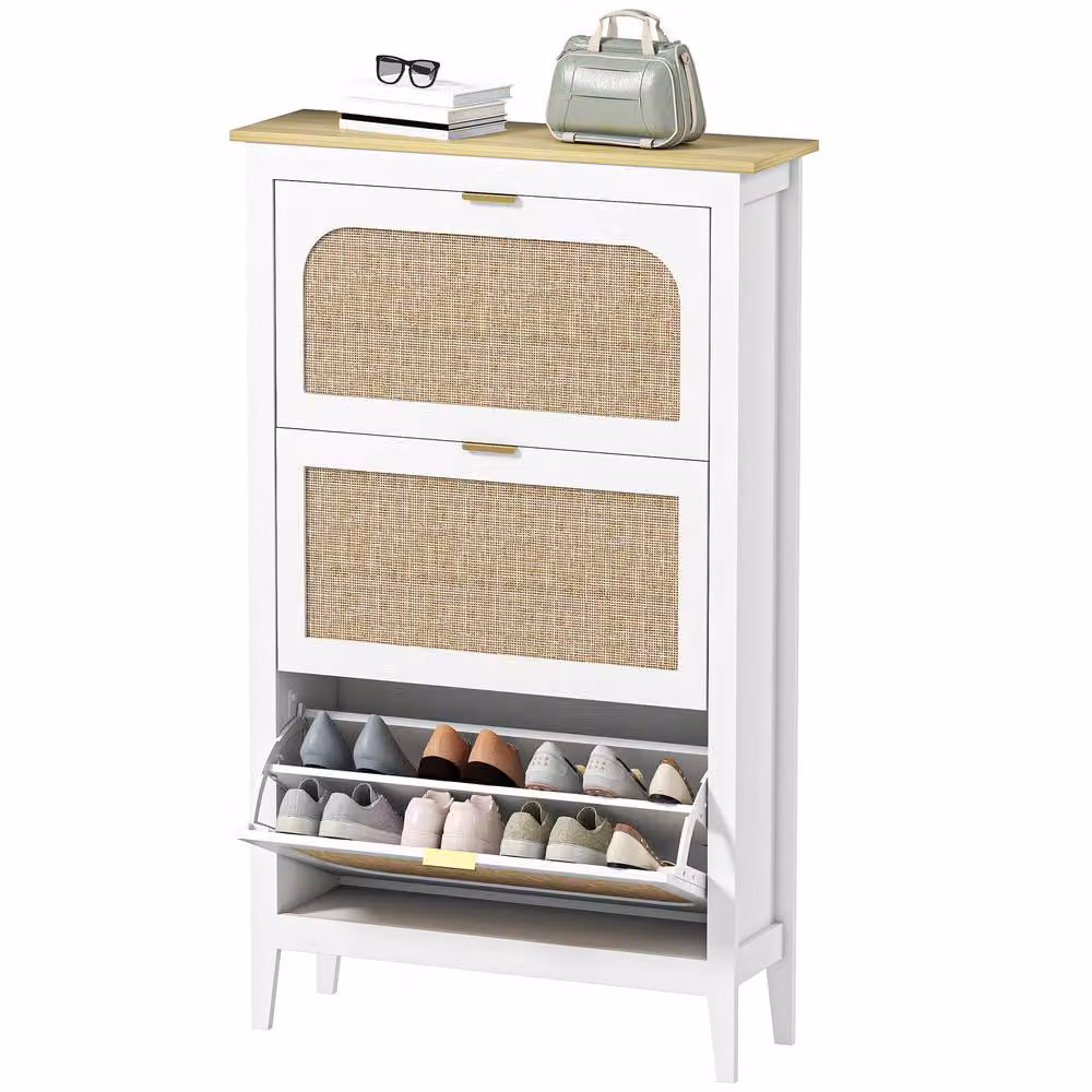 STILVORA Slim White Rattan Shoe Cabinet with 3 Tilting Compartments – 2