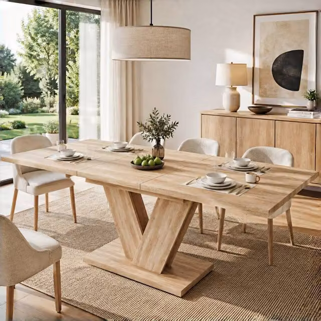 BTM Extendable Rectangular Dining Table in Light Oak with V-Legs, W: 140 cm, Extendable to 180 cm