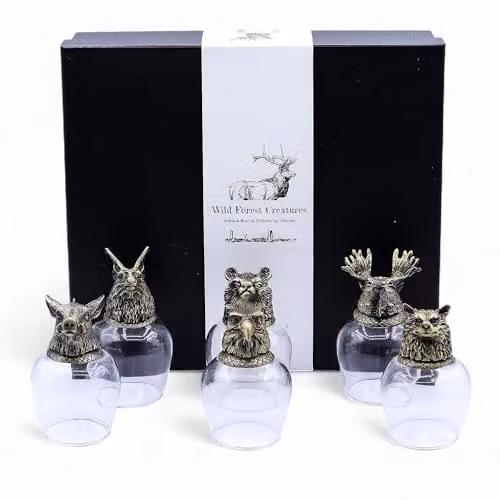 Ancient Wisdom Wild Forest Creatures Glass and Brass Bottom Up Shot Glasses, Set of 6, 100ml, Antique Bronze and Transparent