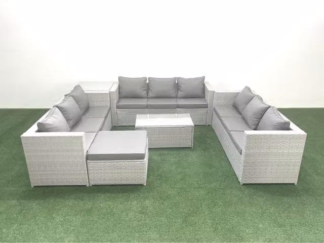 Fimous 10-Seater Rattan Garden Furniture Set in Light Grey with Tempered Glass Table and Dark Grey Upholstered Cushions