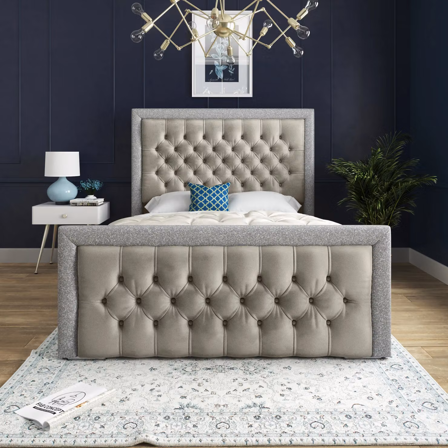 DS Living Cheltenham Upholstered Velvet Bed Frame in Cream and Beige, W/D/H: 180 x 200 cm – 3