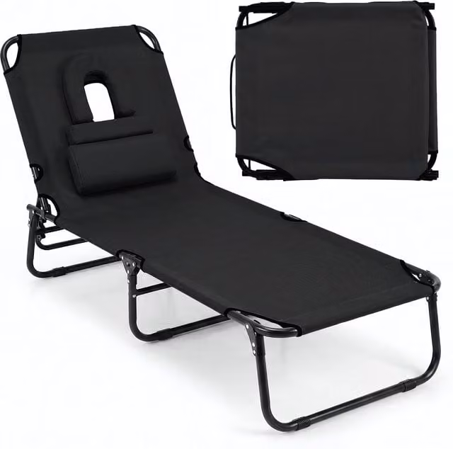 Costway Portable Sunbathing Chair with Adjustable Headrest and Multi-Position Glide in Black Textilene
