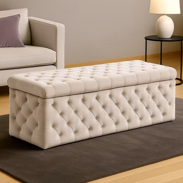 R&M Furnishers Wide Lux Chesterfield Ottoman Storage Box in Silver and White Velvet