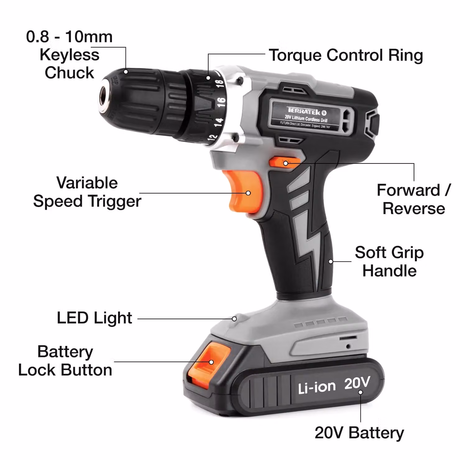 Terratek 20V Cordless Drill and Drill Bit Set with Rechargeable Battery and Charger, Orange – 4
