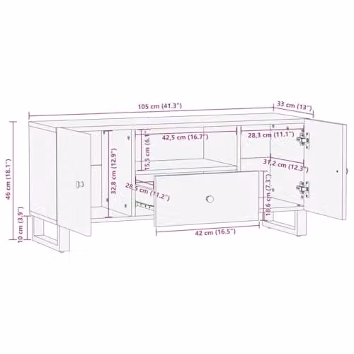 vidaXL Rustic Mango and Engineered Wood TV Cabinet, Brown, W: 105 cm, D: 33.5 cm, H: 46 cm – 3