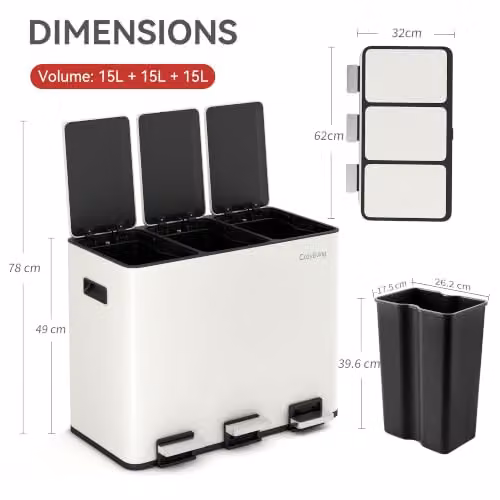 MCC Direct 45L Stainless Steel Kitchen Recycling Pedal Bin with Soft-Close Lids and Removable Inner Buckets, White (3 x 15L) – 2