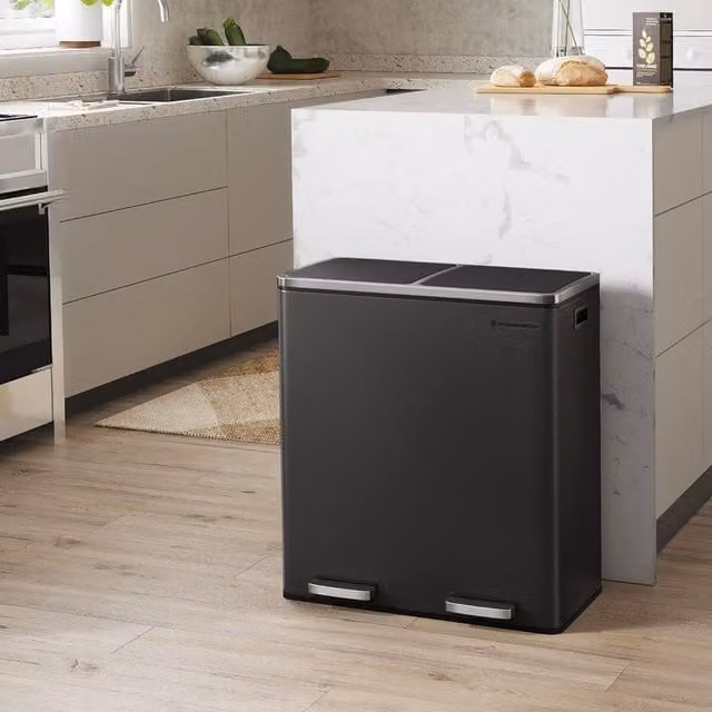SONGMICS Dual Recycling Bin with Pedal and Multi Compartments in Black