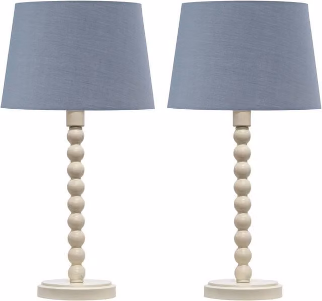 First Choice Lighting Bobbin Set of 2 Ceramic Table Lamps in Ivory with Grey Fabric Cylinder Shades – 1