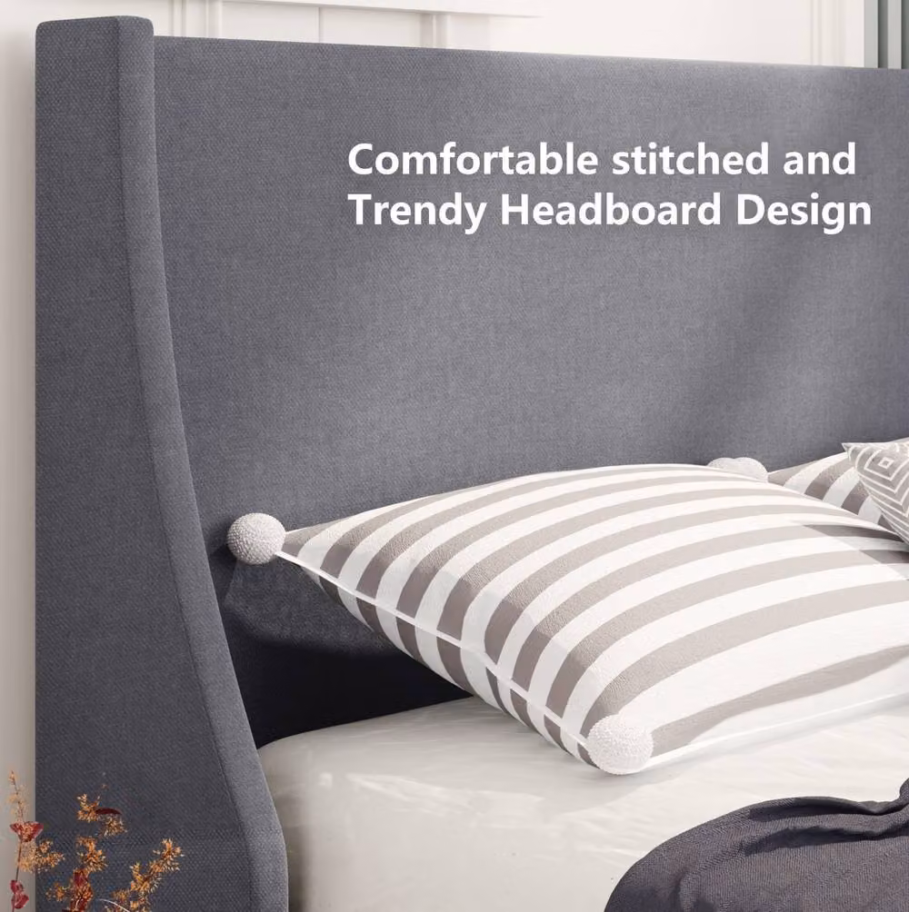 STILVORA Grey Upholstered Single Bed with Wingback Headboard W/D/H: 90 x 190 x 97 cm – 5