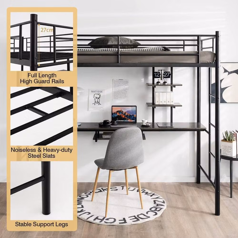 Costway Single Metal Loft Bed Frame High Sleeper with Desk and Storage Shelves, Black – 4