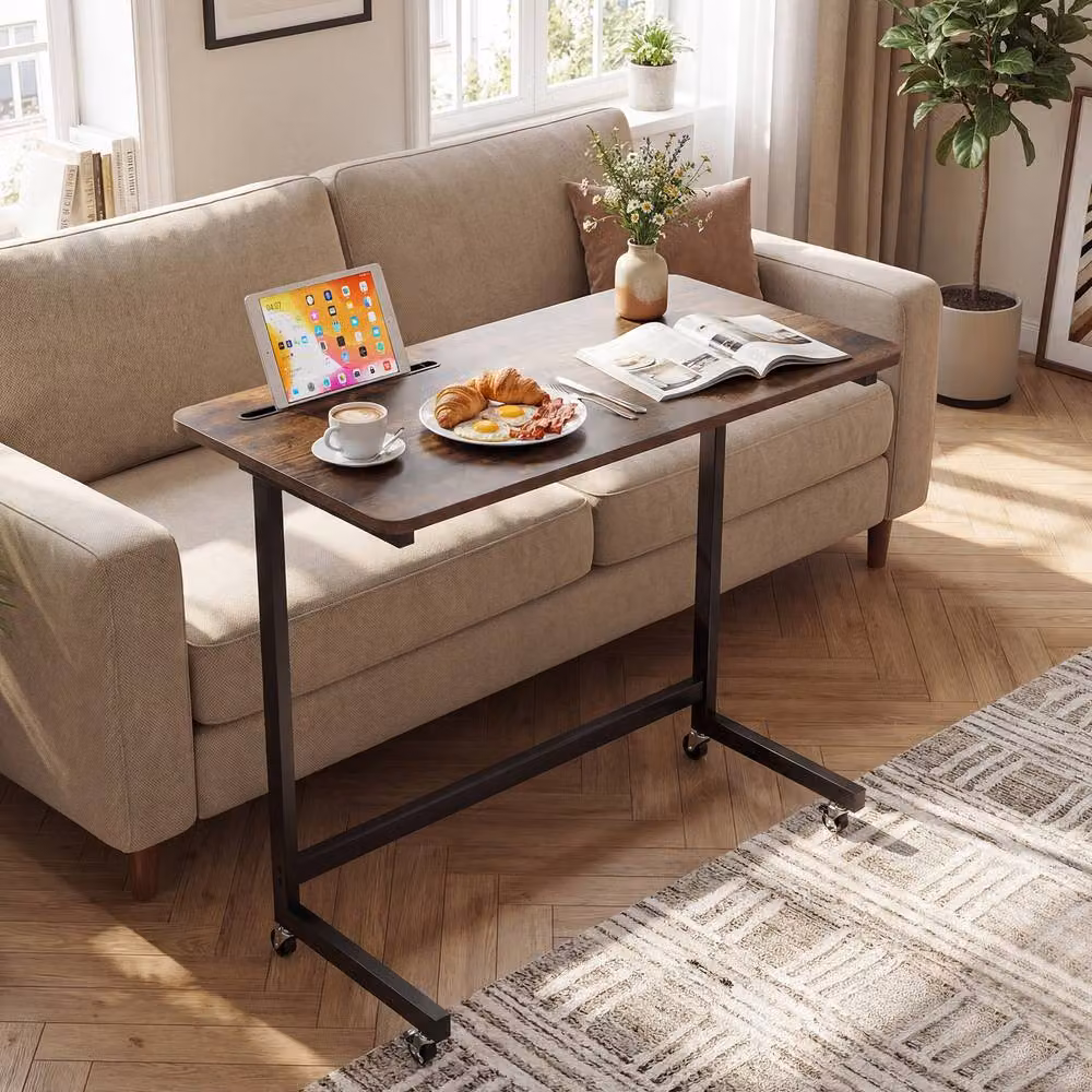 Gymax Rolling Side Table and Laptop Desk Cart with Wheels in Brown – 6