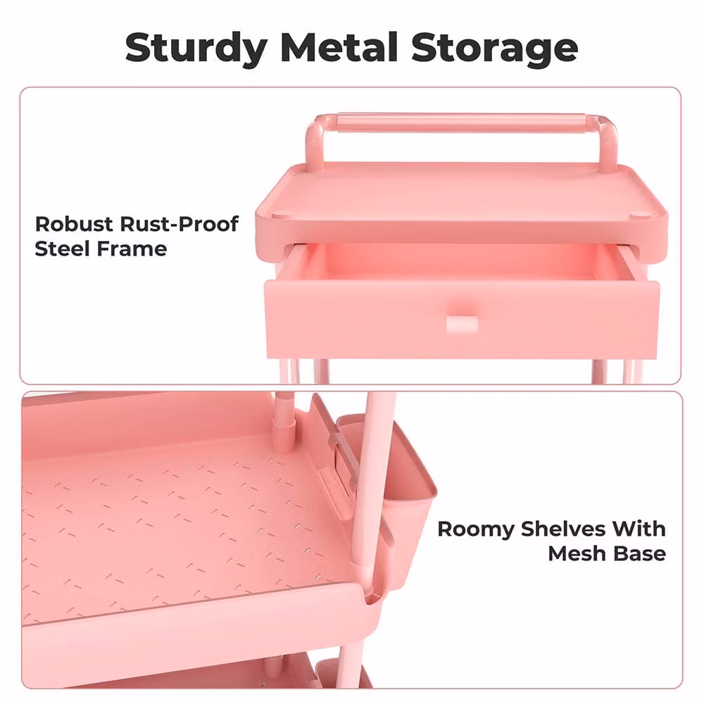Levede Rolling Kitchen Cart Portable Serving Trolley and Storage Rack in Pink – 4