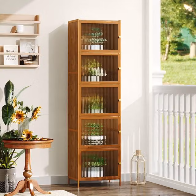 Livingandhome Modern Brown Corner Storage Cabinet with Glass Doors and Internal Shelves