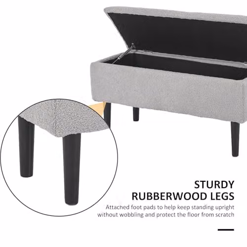 HOMCOM Modern Grey Upholstered Storage Ottoman with Rubberwood Legs, W/D/H: 95 x 38 x 45 cm – 4