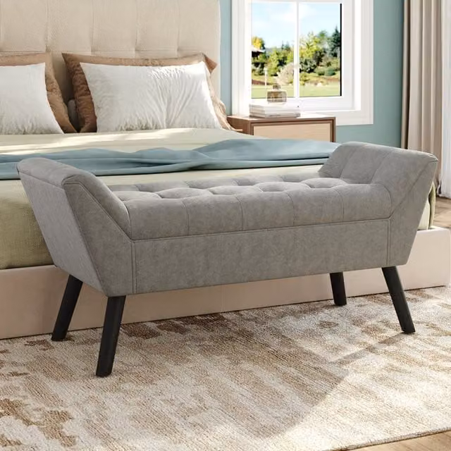 Komore Grey Velvet Buttoned Bench with Raised Arms