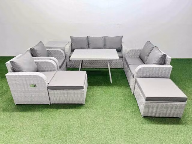 Fimous Outdoor Rectangular Table Sofa Set with Reclining Chair and 2 Big Stools in Light Grey