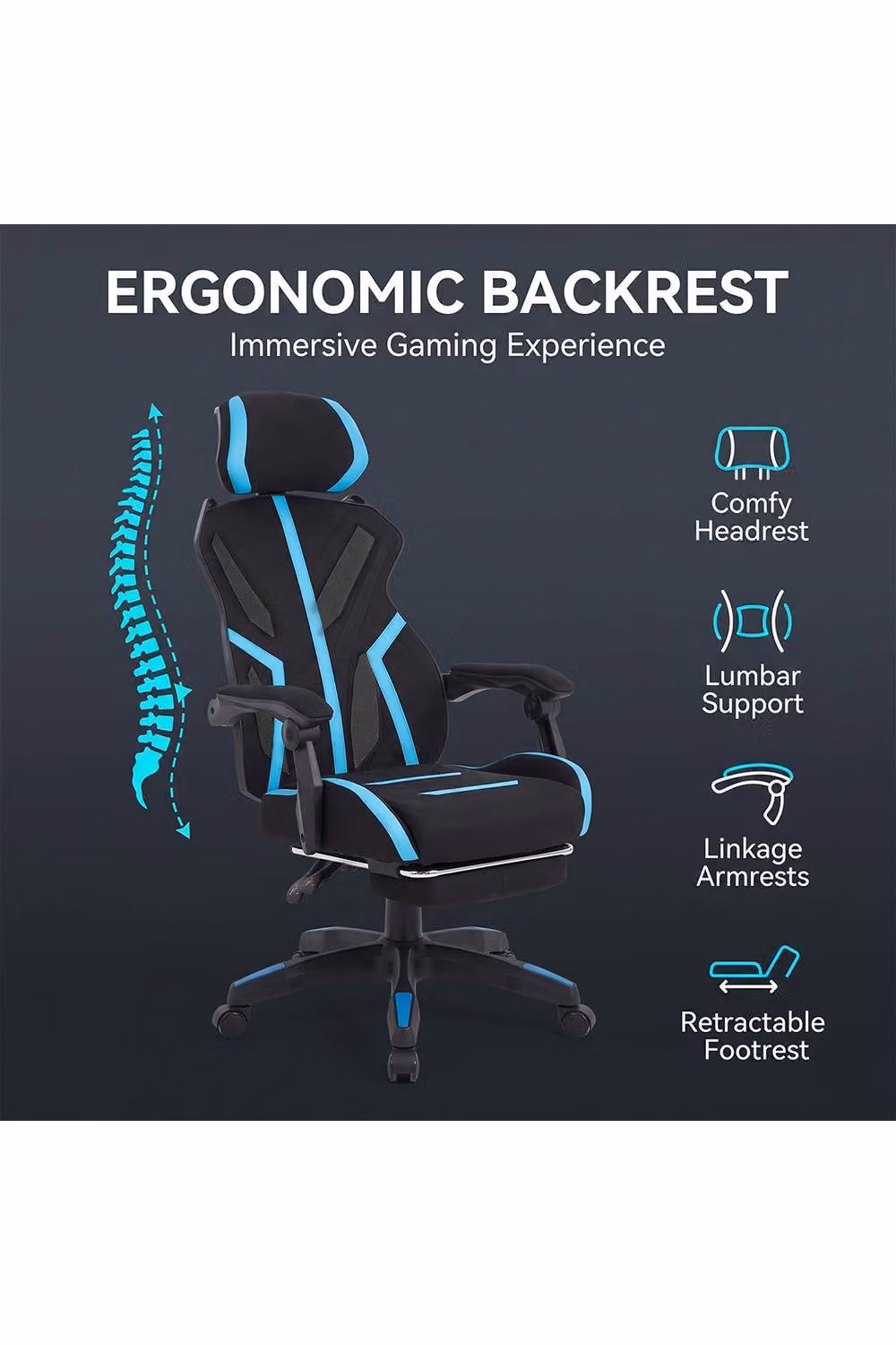 Living and Home Ergonomic High Back Gaming Office Chair with Footrest and Headrest in Blue and Black – 3