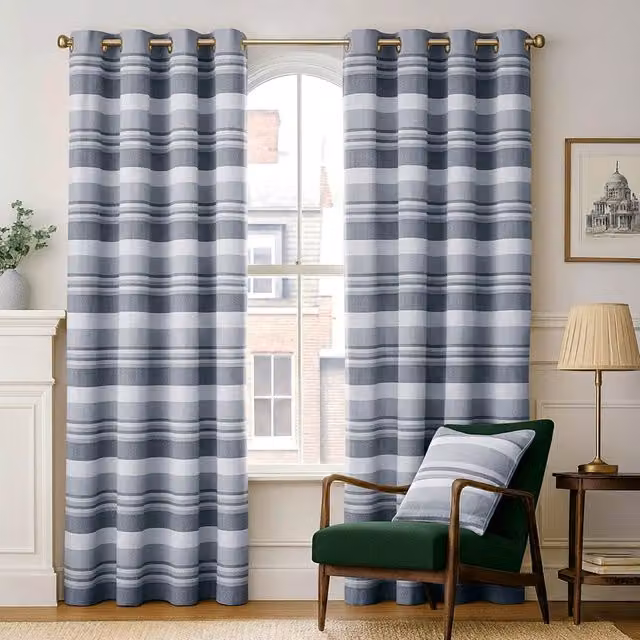 Homescapes Morocco Striped Cotton Curtain Pair in Black and Grey, W: 167 cm, H: 182 cm