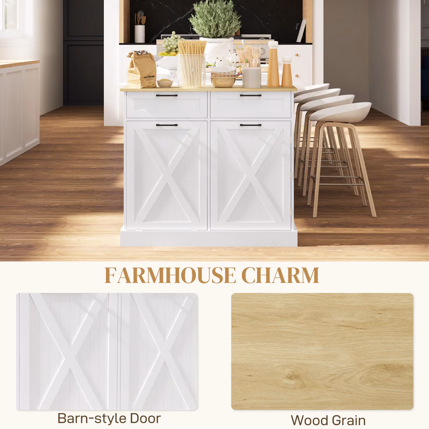 HOMCOM White Farmhouse Kitchen Sideboard with Tilt-out Trash Bin, 2 Drawers and Adjustable Shelves – 4