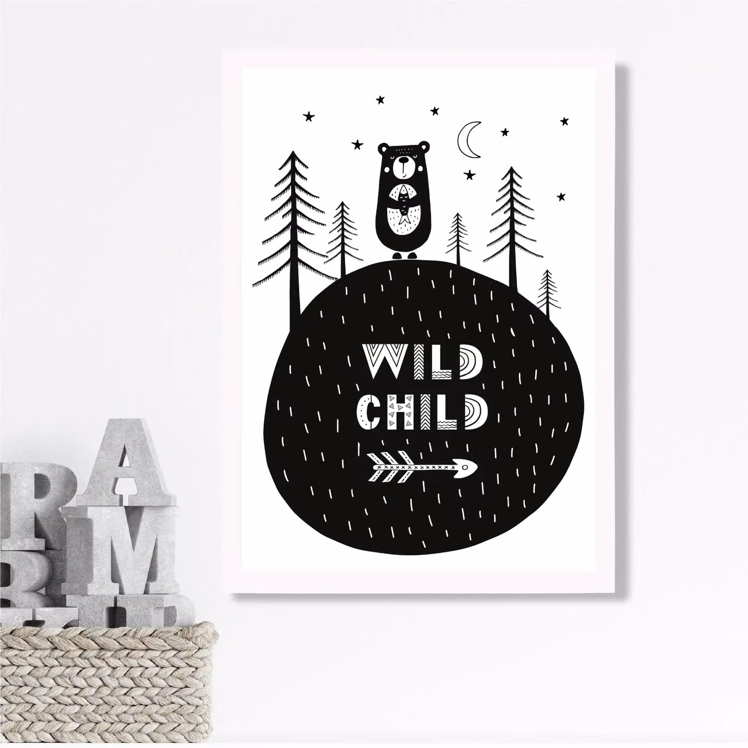 ARTZE Cute Wild Child Scandi Quote Framed Print, Black and White Typography Poster – 2