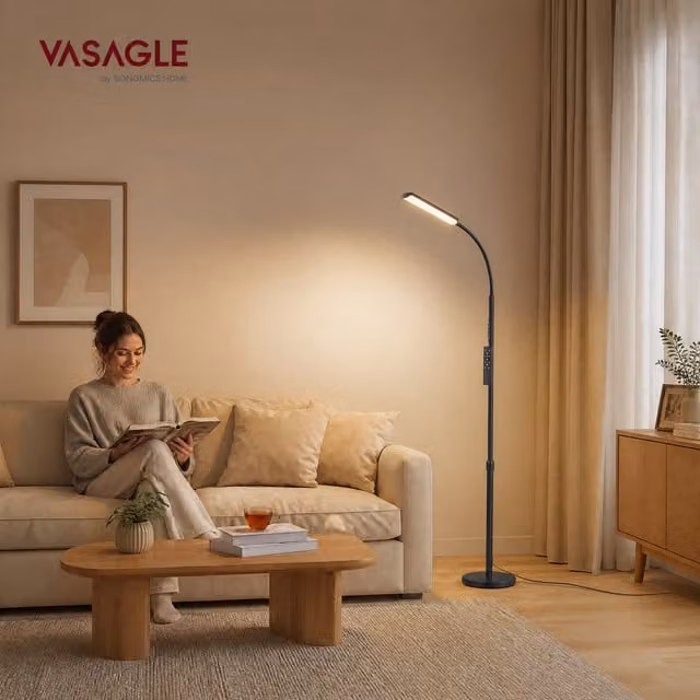 VASAGLE Black 360 Rotating LED Floor Lamp with Remote Control, Timer and Height Adjustment