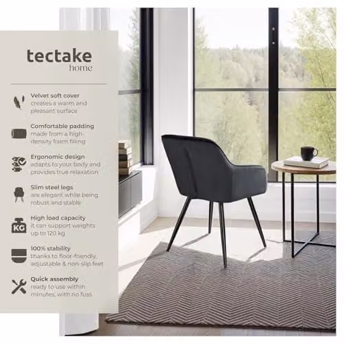 tectake Set of 8 Marilyn Dining Chairs in Black Velvet with Armrests and Metal Legs – 4