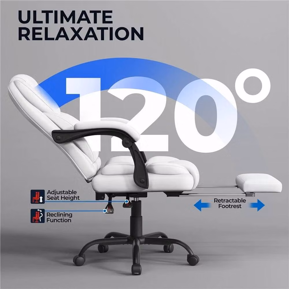 KORVIXA White Executive Office Chair with Retractable Footrest and Headrest in Synthetic Leather – 2
