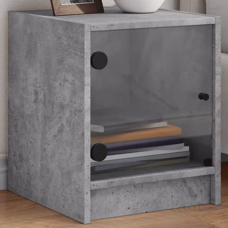Berkfield Home Elegant Bedside Cabinets with Glass Doors, 2 Pieces, Concrete Grey, W/D/H: 35 x 37 x 42 cm